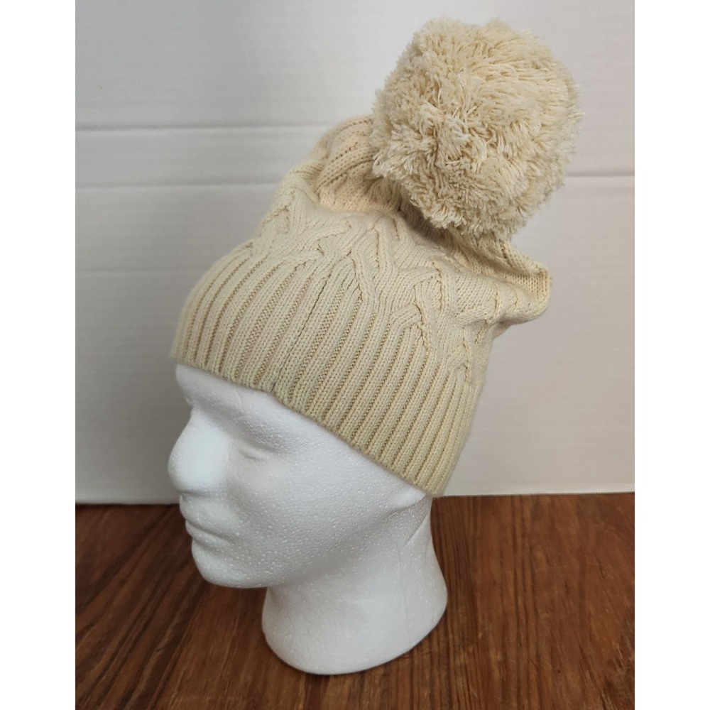 Frye and Co. Women's Beige Cable Knit Pom Pom Beanie One‎ Size Ski Winter Snow